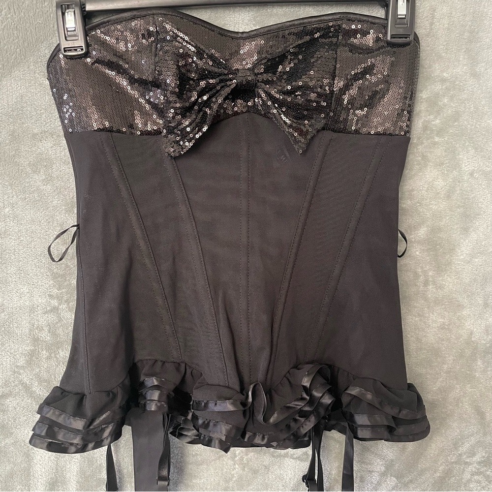 Adore Me Black Sequin Corset Garter Straps Ruffle Hem Lingerie Women's Size L